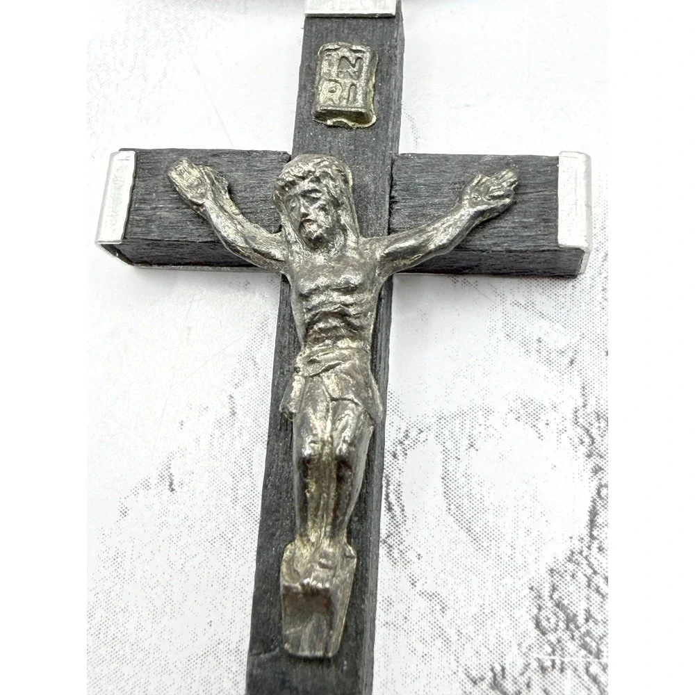 Vintage Italian Wooden Crucifix‎ Necklace Gold Tone Corpus Cross Catholic 20